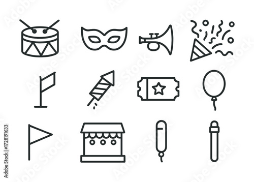 Festival icons set: drum, mask, trumpet, confetti, firework, ticket, balloon