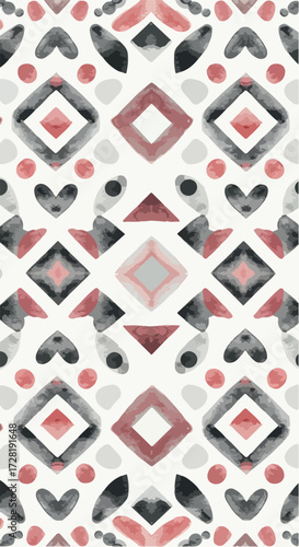 Geometric pattern with repeating shapes in muted colors on a white background.