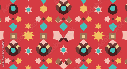 Geometric pattern with repeating shapes and vibrant colors on a red background.