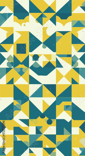 Geometric pattern with teal and yellow shapes on a cream background.