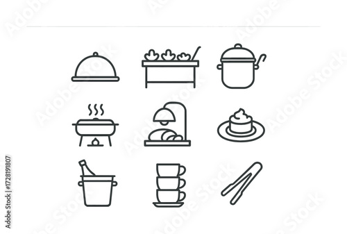 Dining and catering icons: cloche, buffet, cookware, grill, bread, dessert, wine, cups, tongs