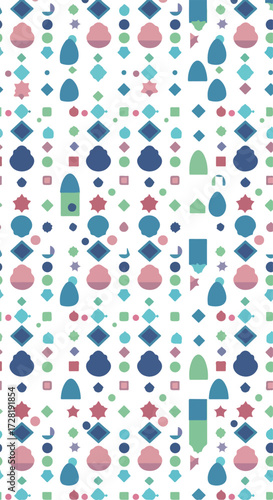 Geometric pattern with various shapes and colors creating a visually appealing design.