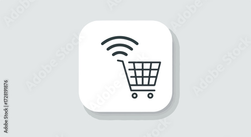 Shopping cart icon with wireless signal representing online purchases and transactions.