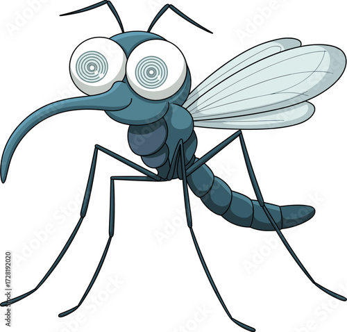 Cartoon mosquito character illustration, hypnotic spiral eyes, segmented blue body, whimsical insect design, vector drawing, flying bug, educational artwork, humor concept