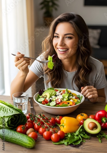 Woman enjoying a healthy salad with fresh vegetables and feta cheese for a nutritious meal