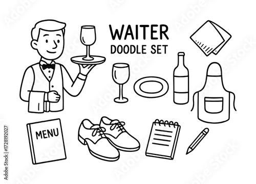 Waiter doodle set: male character with serving items and accessories