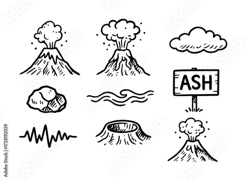 Hand-drawn volcano eruption icons with ash clouds and seismic waves