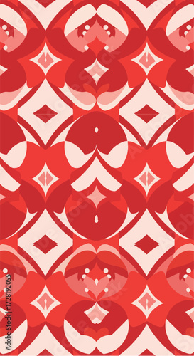 Geometric Red Pattern Design with Repeating Shapes and Symmetry.