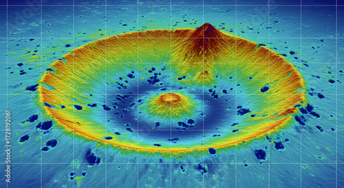 Detailed 3D map of a volcanic crater with colorful topographic lines, showing depth and elevation.