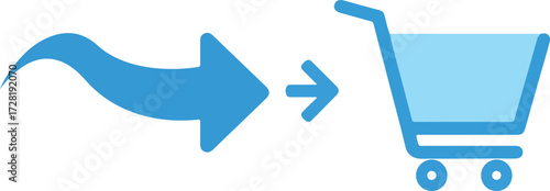 Shopping cart process illustration with arrow and cart symbol.