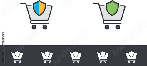 Shopping cart security shield icon set.