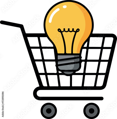 Shopping cart with a bright light bulb representing a great idea.