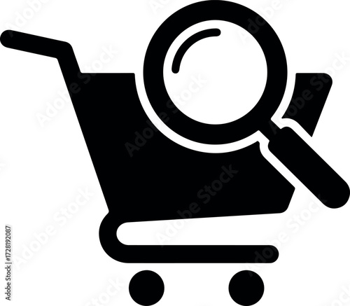 Shopping cart search concept with magnifying glass for online retail.