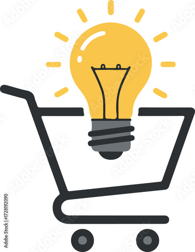 Shopping cart with a bright idea lightbulb representing innovation and creativity.