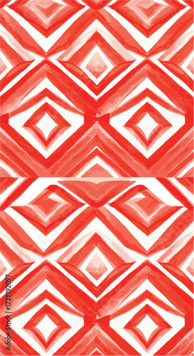 Geometric red and white pattern design with diamond shapes and artistic watercolor style.