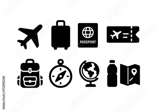 Travel icons set: airplane, luggage, passport, and more essentials