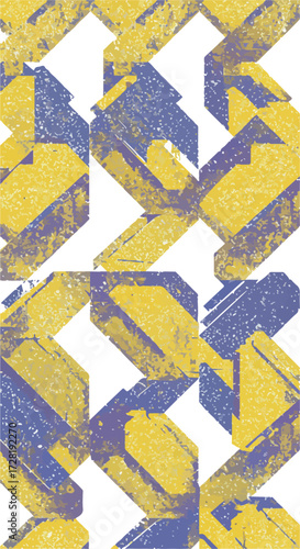 Geometric shapes in yellow and blue create a visually appealing pattern with a textured effect.