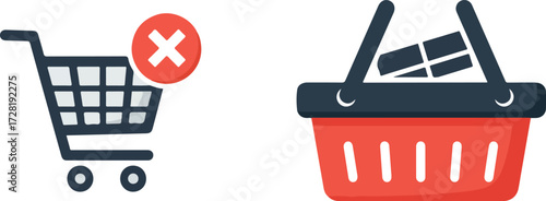 Shopping cart with a red cross and a shopping basket.