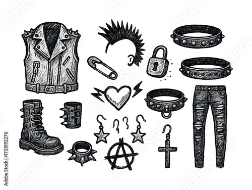 Punk rock accessories collection with spiked vest, boots, mohawk, and jewelry