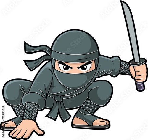 Cartoon ninja, crouched pose, katana sword, stealth warrior, dark outfit, martial arts, action character, vector art, intense eyes, combat stance