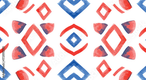 Geometric watercolor pattern in red and blue colors on white background.