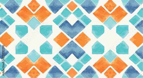 Geometric watercolor pattern featuring orange blue and teal diamond shapes.