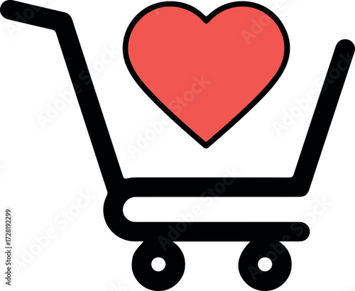 Shopping cart with a red heart symbol representing love and care.