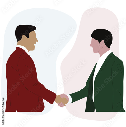 Two businessmen shaking hands in front of green rising arrow. Successful agreement concept,two men shaking hands