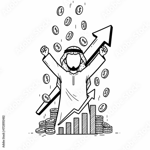 A stylized illustration of a successful Arab businessman celebrating financial growth with rising graph and falling coins.