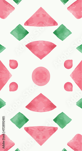 Geometric watercolor pattern with pink and green shapes on white background.