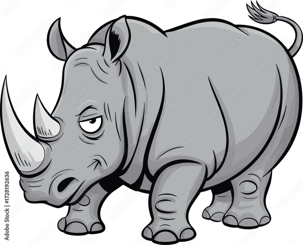Fototapeta premium Cartoon rhinoceros, gray body, big horn, strong animal, vector art, grumpy face, thick legs, wildlife character, safari theme, bold design