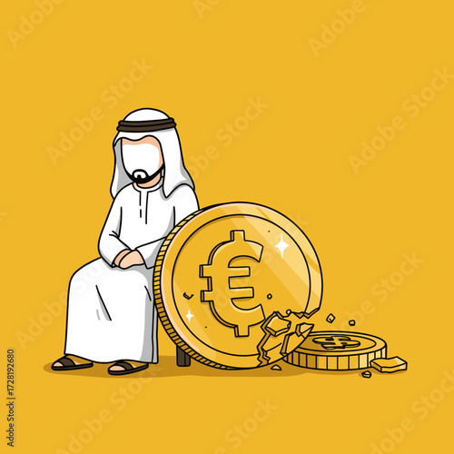 An Arab man sits beside a broken Euro coin, symbolizing financial loss.