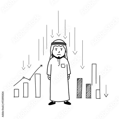An Arab man stands sadly amidst falling arrows and fluctuating financial graphs, representing economic downturn.