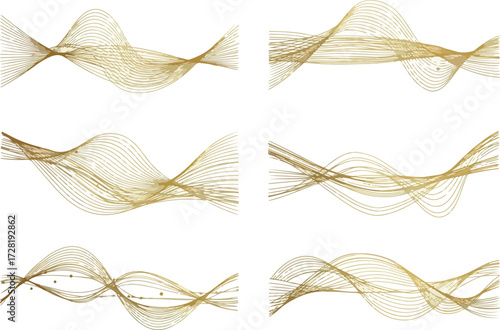 Golden wave patterns abstract design elements on white background.