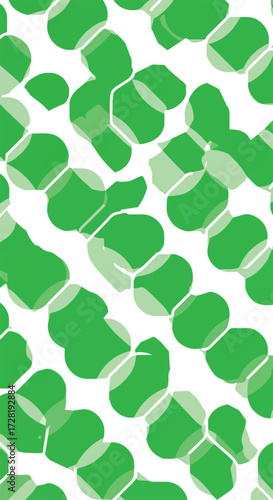 Green abstract pattern with overlapping shapes and organic forms on white background.