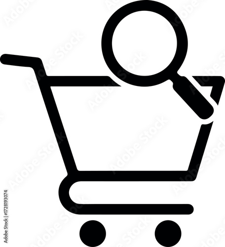 Shopping cart with magnifying glass for online search and retail.