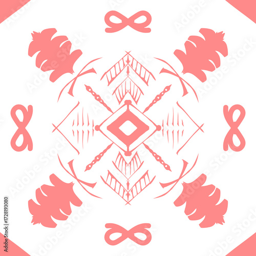 Geometric fabric pattern, geometric background with pink floral pattern, yellow flowers, pink heart shape, yellow flower stamens, flowers 