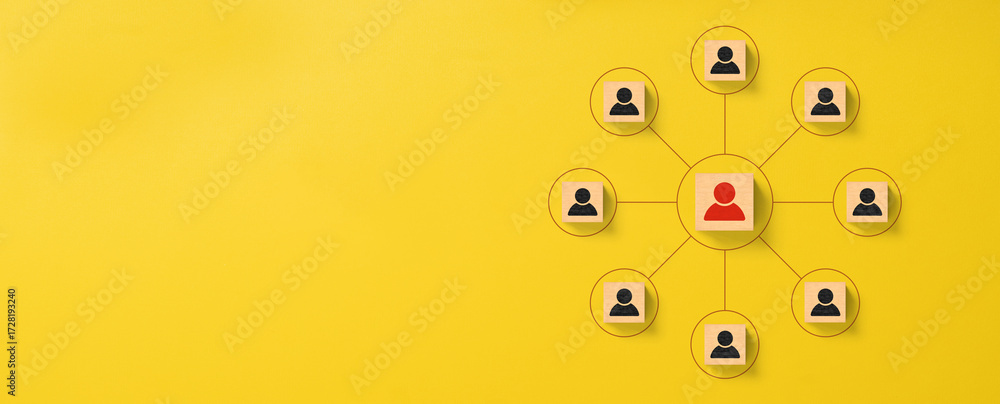 Fototapeta premium Organization corporate employee structure team business people. Wooden block cube on background with icon human. Panorama image