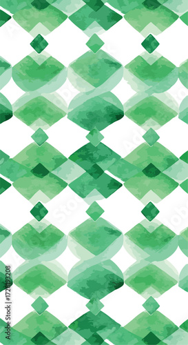Green watercolor pattern with geometric shapes and artistic design.