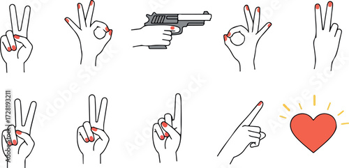 Hand gestures and a heart symbol illustration.