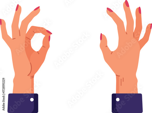 Hands gesturing okay sign and open palm showing nails and sleeves.