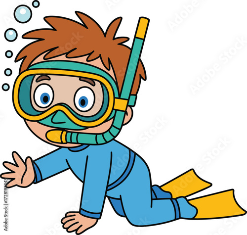 Cartoon snorkeling child, underwater adventure, blue wetsuit, yellow flippers, fun swim, bubbles rising, marine activity, vector art, kids illustration, ocean theme