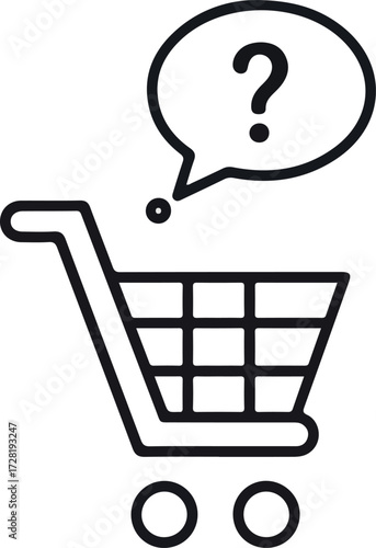 Shopping cart with question mark bubble represents uncertainty about purchases.