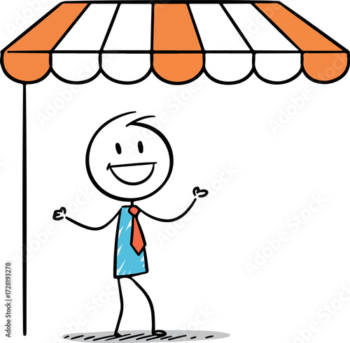 Happy stick figure under a striped orange and white awning ready to sell.