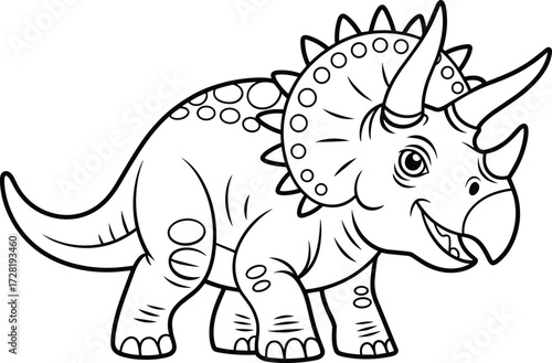 Cartoon triceratops, dinosaur coloring page, black and white drawing, prehistoric animal, three horns, friendly face, vector art, kids activity, fun design