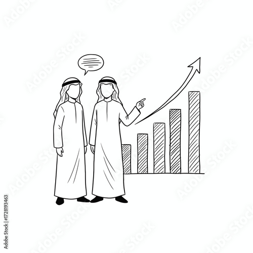 Two men in traditional attire discuss business progress, pointing at a rising graph.