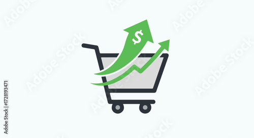 Shopping cart with upward trend arrow representing financial growth and success.