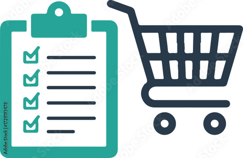 Shopping list and cart representing purchases and organization for the customer.