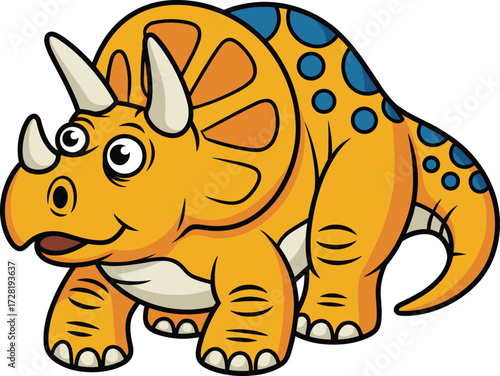 Cartoon triceratops, orange dinosaur, blue spots, smiling face, vector art, kids illustration, prehistoric animal, friendly character, educational design, fun style