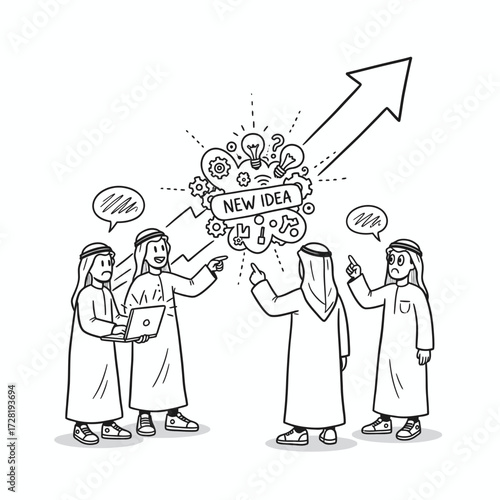 Four Arab men discussing a new idea with an upward arrow, brainstorming and sharing thoughts.